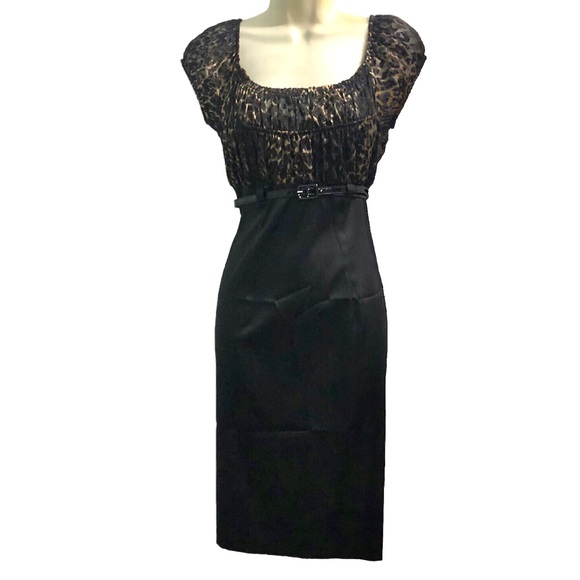NWT Leopard Print Black Satin Empire Waist Dress Belted Women’s‎ size 6 NEW - Picture 1 of 10